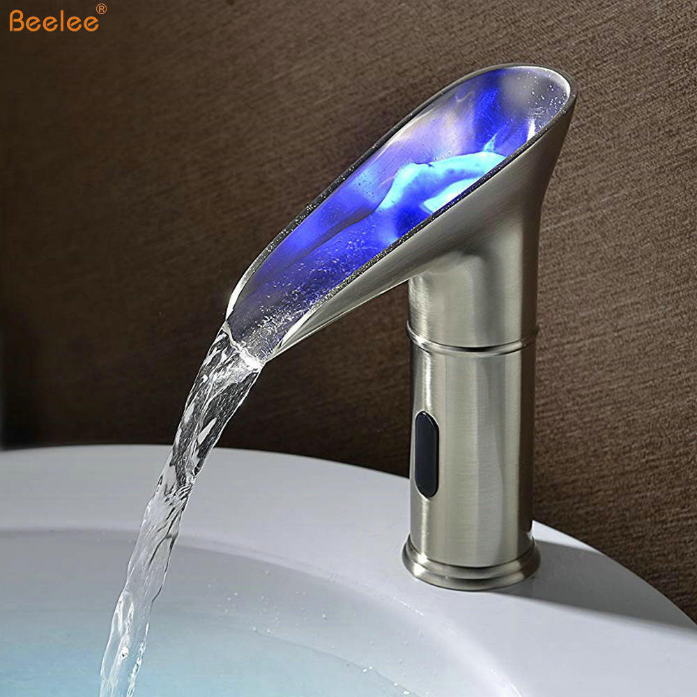 Beelee BL0164NF LED Automatic Touchless Sensor Waterfall Basin Mixer Tap Bathroom Sink Vessel Hot and Cold Faucet