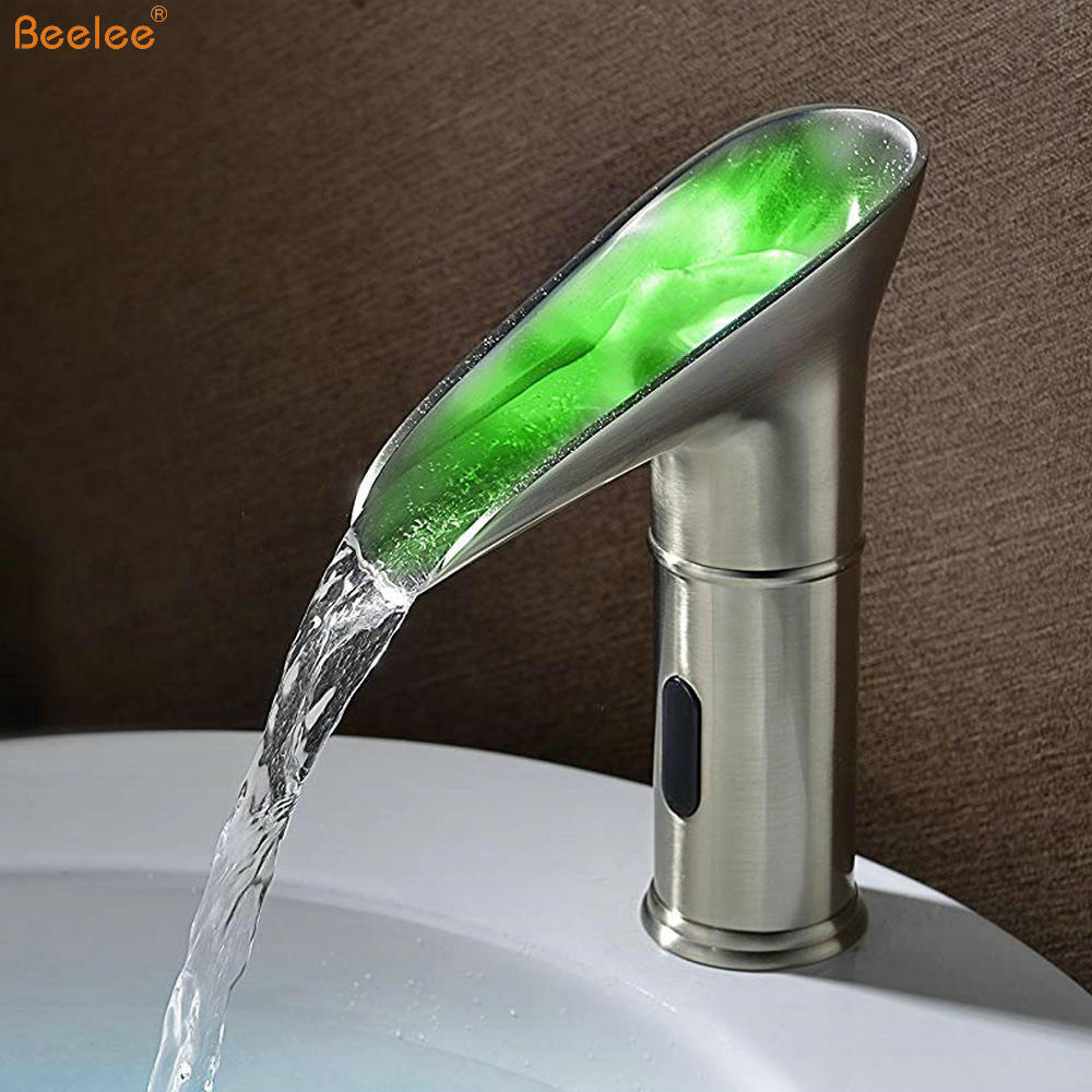 Beelee BL0164NF LED Automatic Touchless Sensor Waterfall Basin Mixer Tap Bathroom Sink Vessel Hot and Cold Faucet