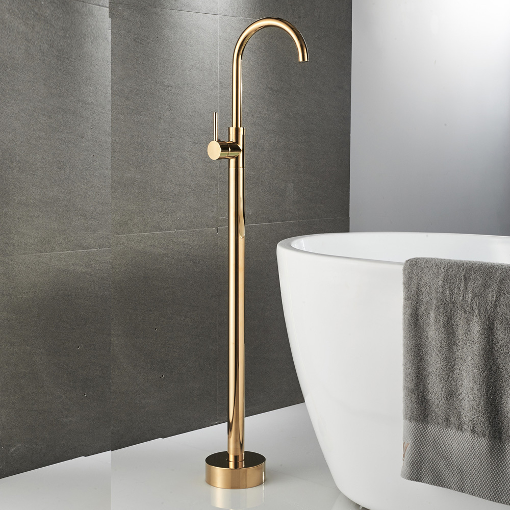 Beelee BL19000G Gold Color Brass Body Floor Standing Bathtub Tap Floor Mounted Free Standing Bath Faucet