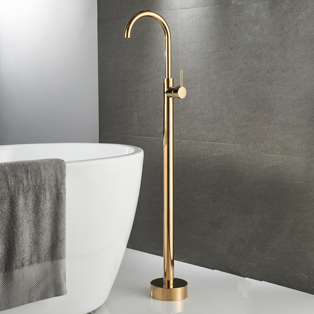 Beelee BL19000G Gold Color Brass Body Floor Standing Bathtub Tap Floor Mounted Free Standing Bath Faucet