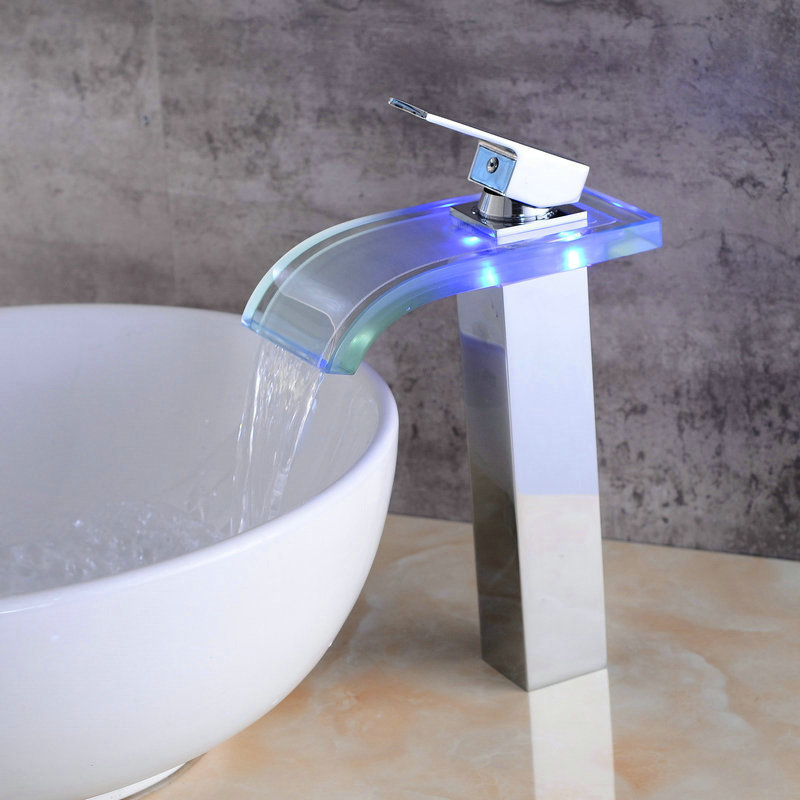 Beelee BL0822HF Bathroom Glass Mixer Tap LED Waterfall Basin Faucet