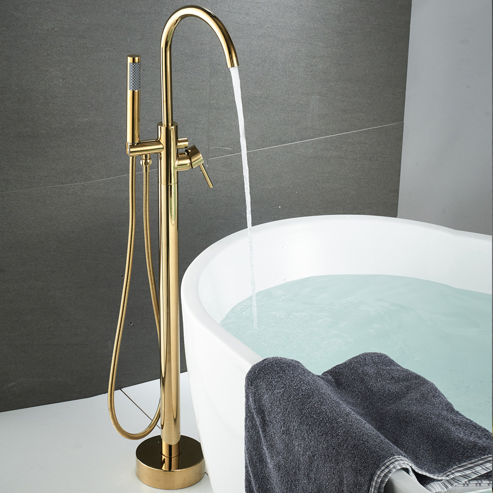 Beelee  BL19001G  Floor Mount Bathroom Brushed Gold Bath Tub Faucet Free Standing Bathtub Faucet Shower System Set