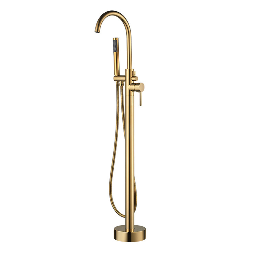 Beelee  BL19001G  Floor Mount Bathroom Brushed Gold Bath Tub Faucet Free Standing Bathtub Faucet Shower System Set