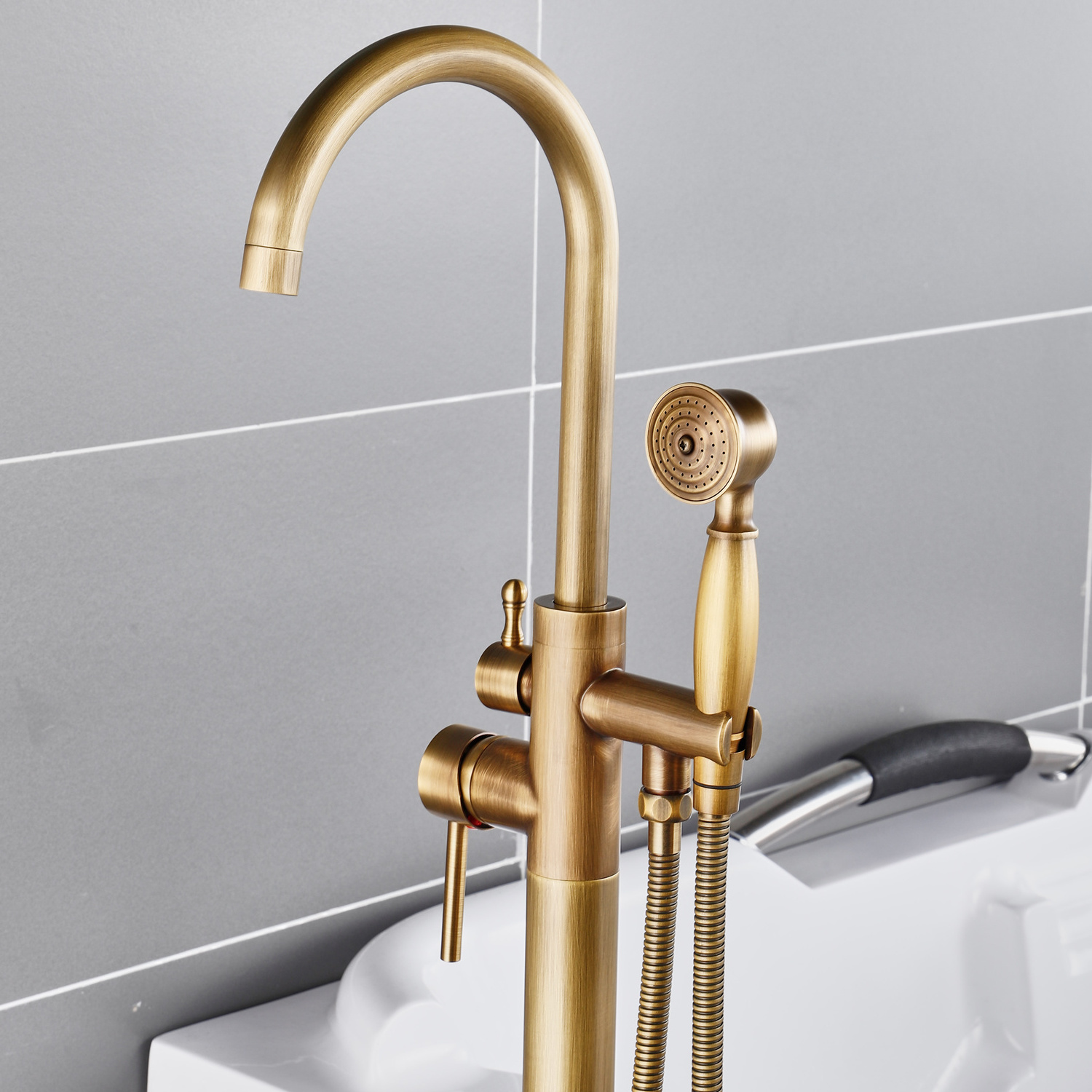 Beelee BL19002A Antique Color Bathroom Floor Mount Bath Tub Faucet Filler Freestanding Bathtub Faucet