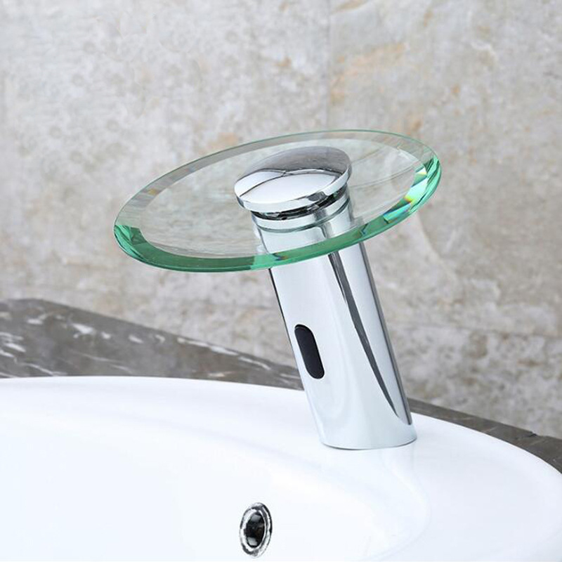 Beelee Sensor Automatic Faucet Brass Round Basin Waterfall Clear Glass Disc Faucet for Kitchen Bathroom Home Hotels