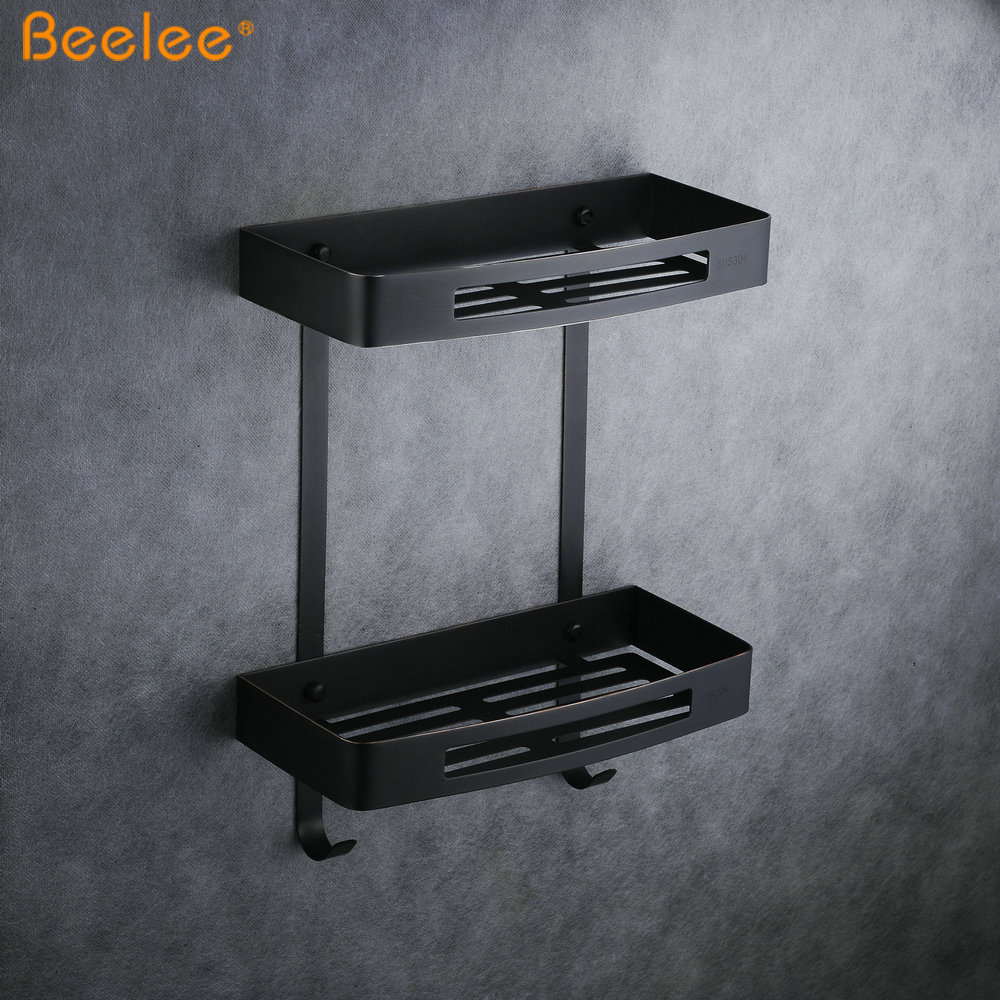 Beelee BA9287B2 Stainless Steel 304 Bathroom Corner Shelf Cosmetic Holder with Hooks