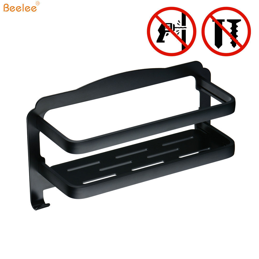 Beelee BA0423B No Drilling Bathroom Shower Shelf, Black Self Adhesive Shower Caddy