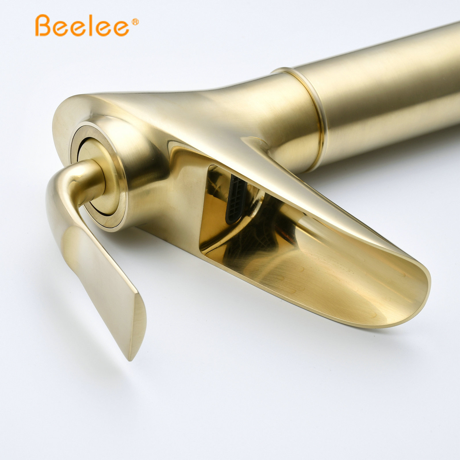 Beelee Brass Waterfall Brushed Gold Water Basin Mixer Hotel Faucet