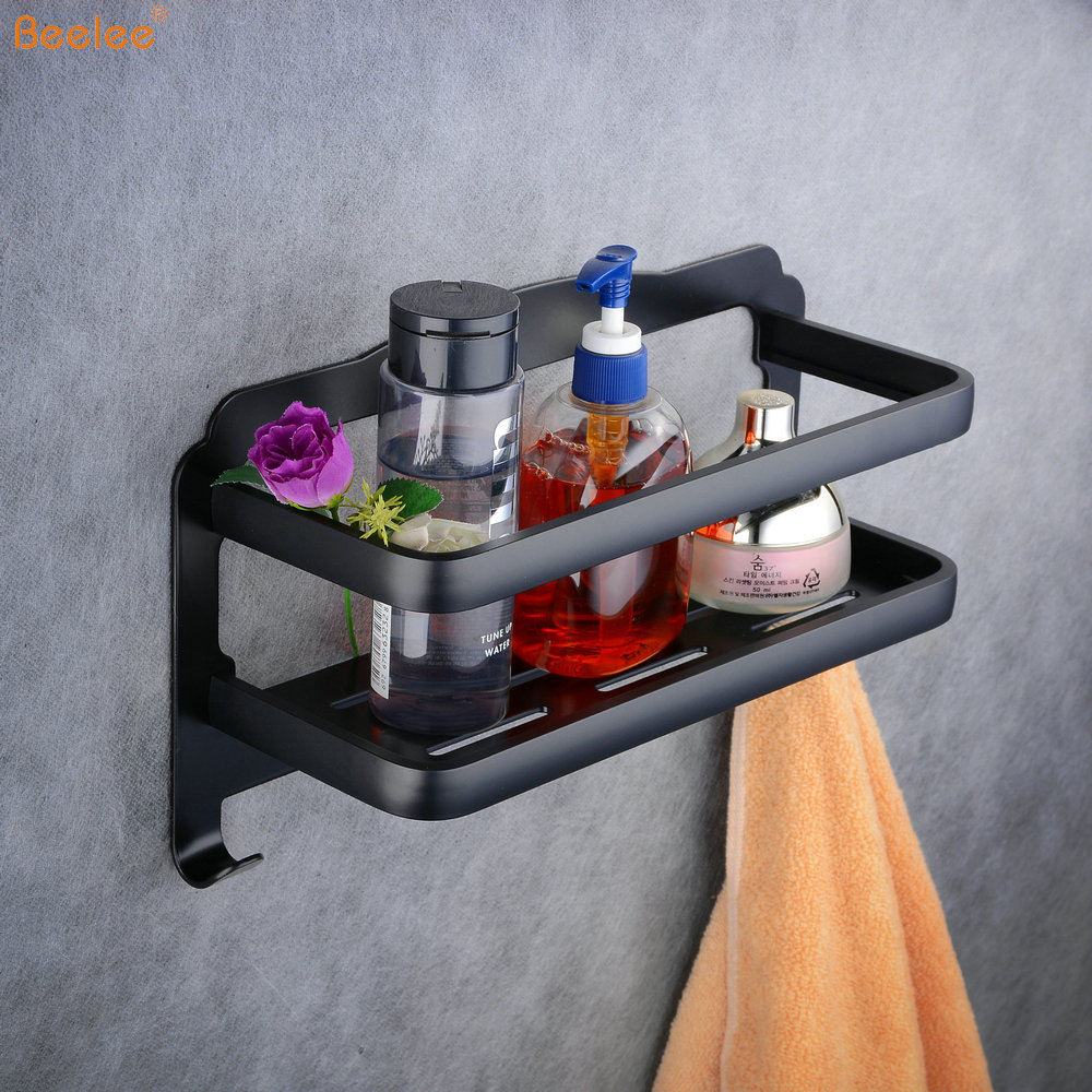 Beelee BA0423B No Drilling Bathroom Shower Shelf, Black Self Adhesive Shower Caddy