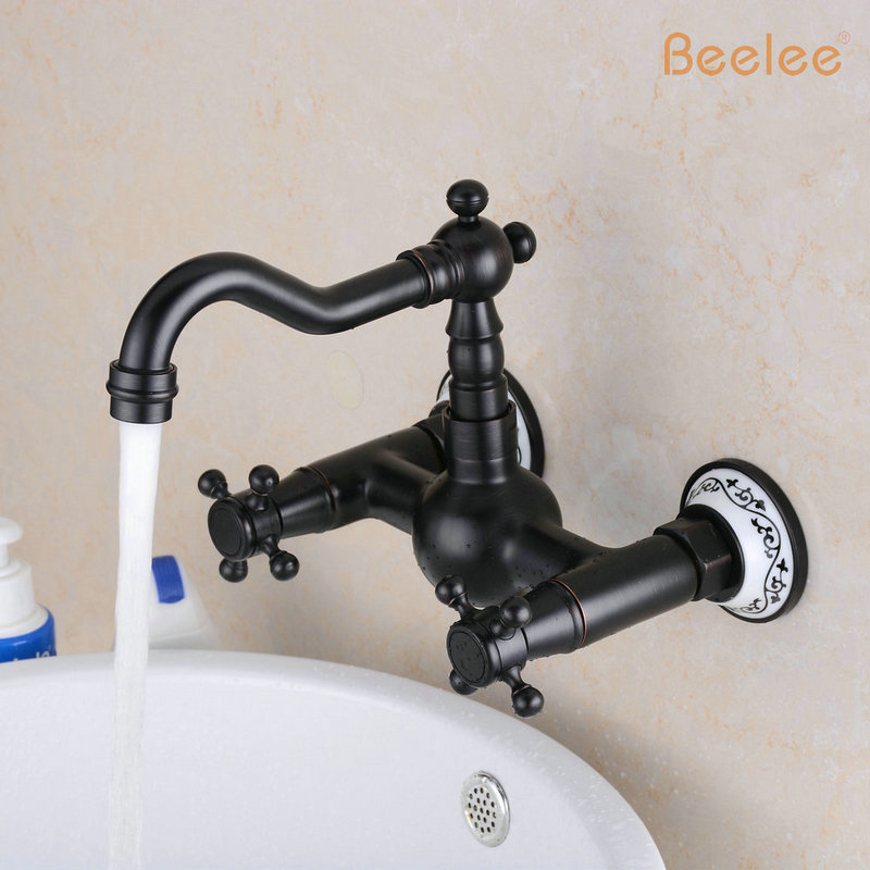 Beelee Oil Rubbed Bronze Wall Mount Two Handles Bathtub Faucet with Hand Shower