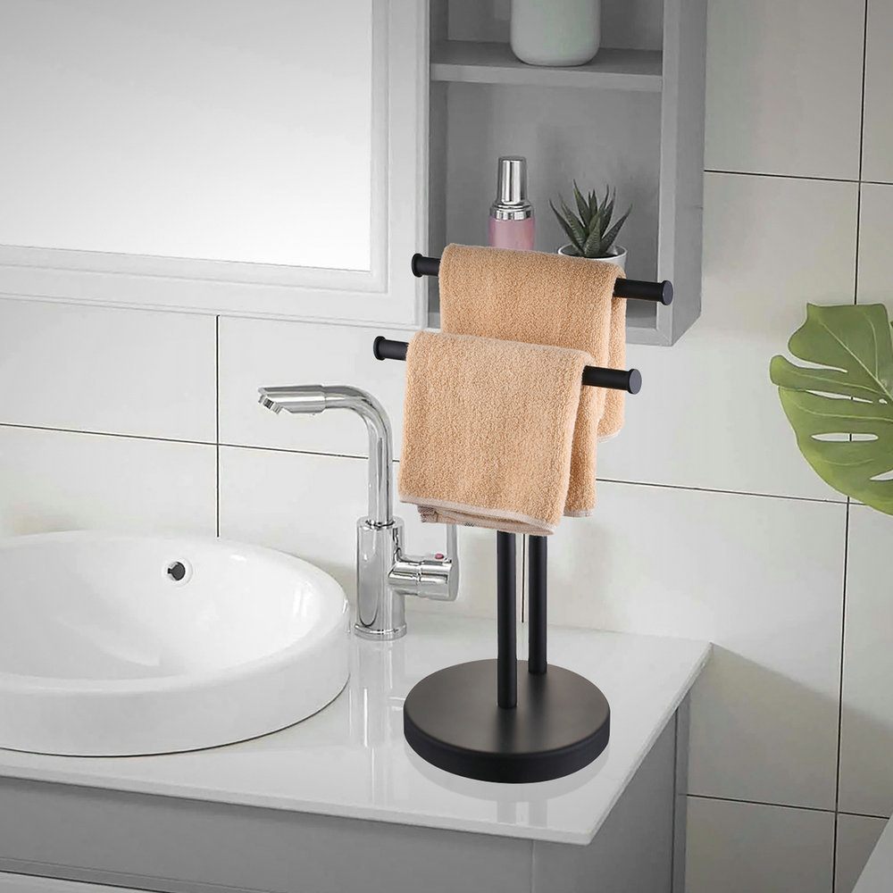 Double T-Shape Hand Towel Holder Stand with Weighted Base, Countertop Towel Holder for Bathroom, Standing Towel Rack