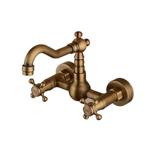 Bathroom Brass Antique Basin Wall Mount Faucet With Two Handles