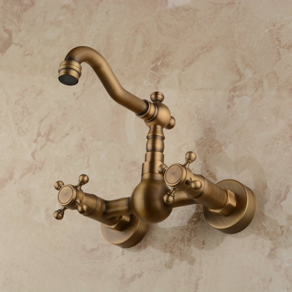 Bathroom Brass Antique Basin Wall Mount Faucet With Two Handles