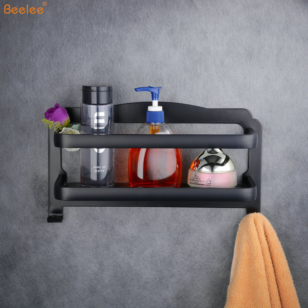 Beelee BA0423B No Drilling Bathroom Shower Shelf, Black Self Adhesive Shower Caddy