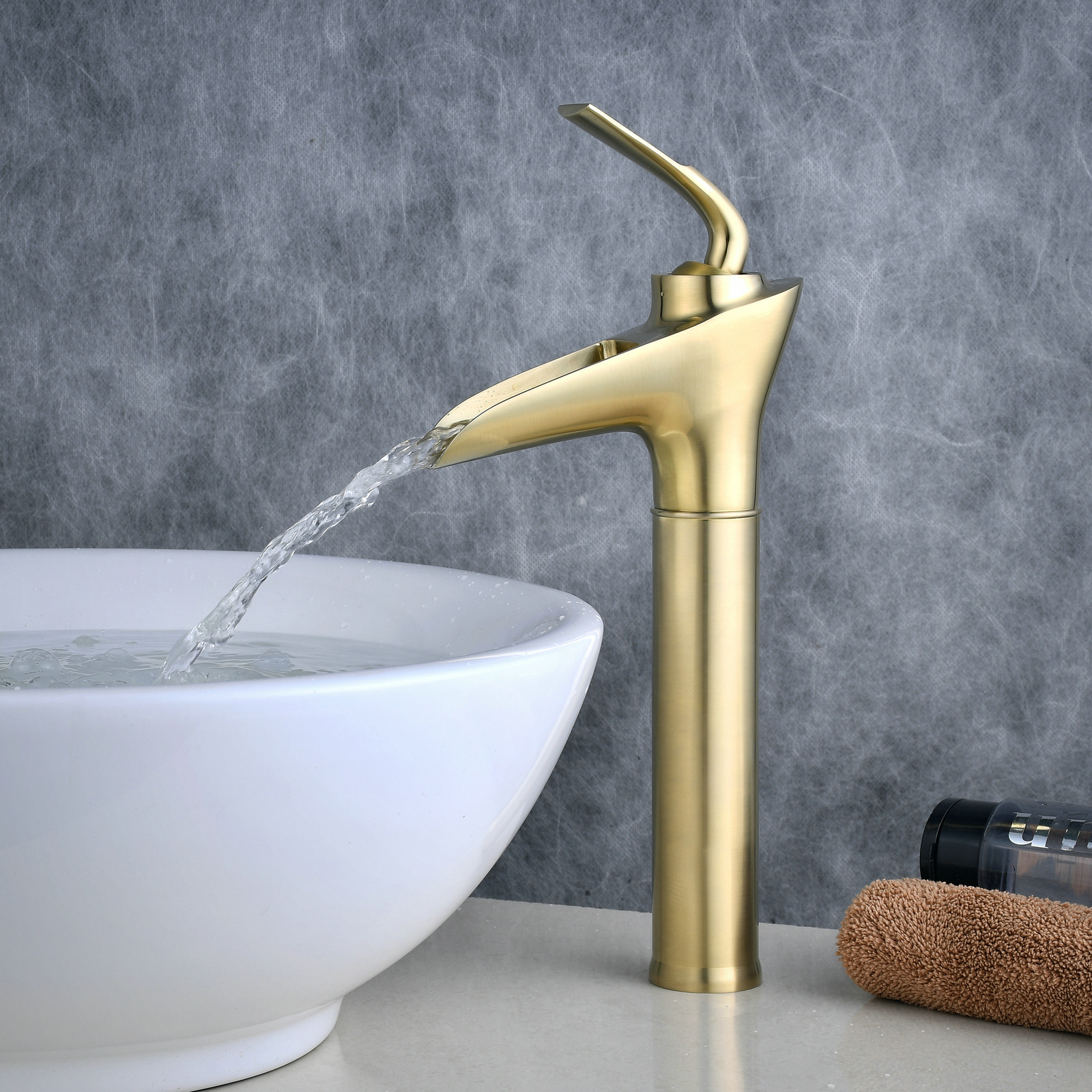 Beelee Brass Waterfall Brushed Gold Water Basin Mixer Hotel Faucet