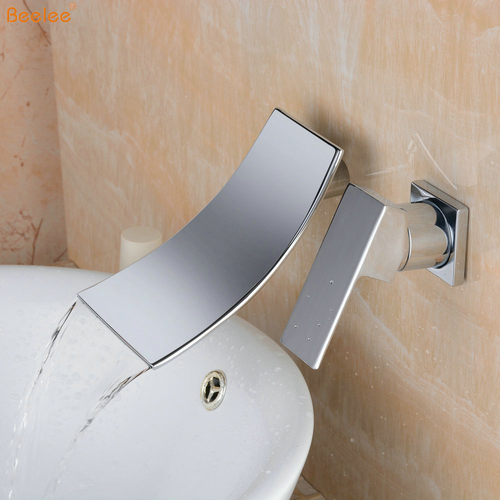 Beelee Wall Mount Contemporary Brass Widespread Waterfall Basin Faucet