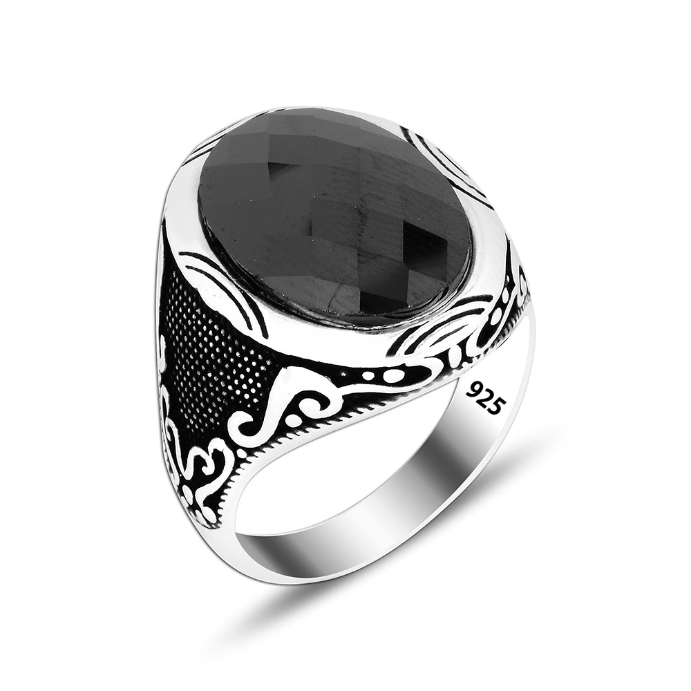 Black Stone Art Design Luxury Men Ring 925 Silver Jewelry Wholesale Silver Ring for Men Trendy Vintage Fine Man Jewelry Ring