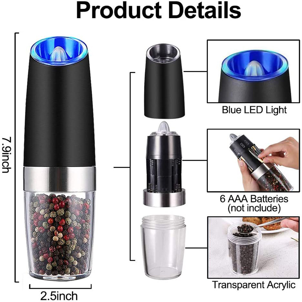 Beeman 2 PCS Gravity Automatic  Stainless Steel Ceramic Spice and Herbs Mill Electric Salt and Pepper Grinder