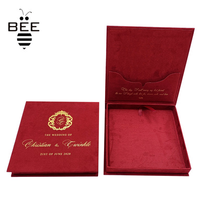 Luxury invitation card packaging box wedding velvet box personal brand custom suede paper box with silver/gold foil