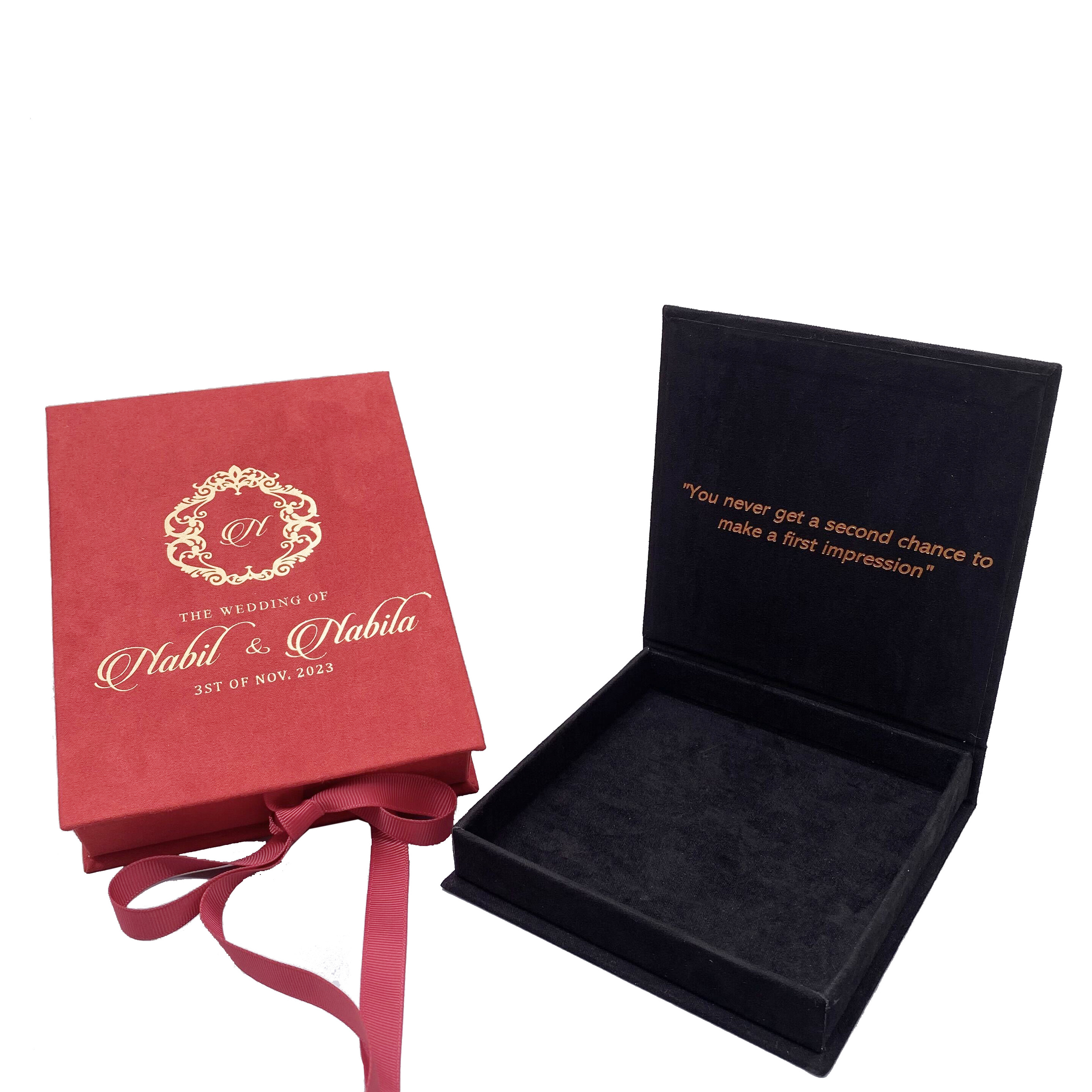 Luxury invitation card packaging box wedding velvet box personal brand custom suede paper box with silver/gold foil