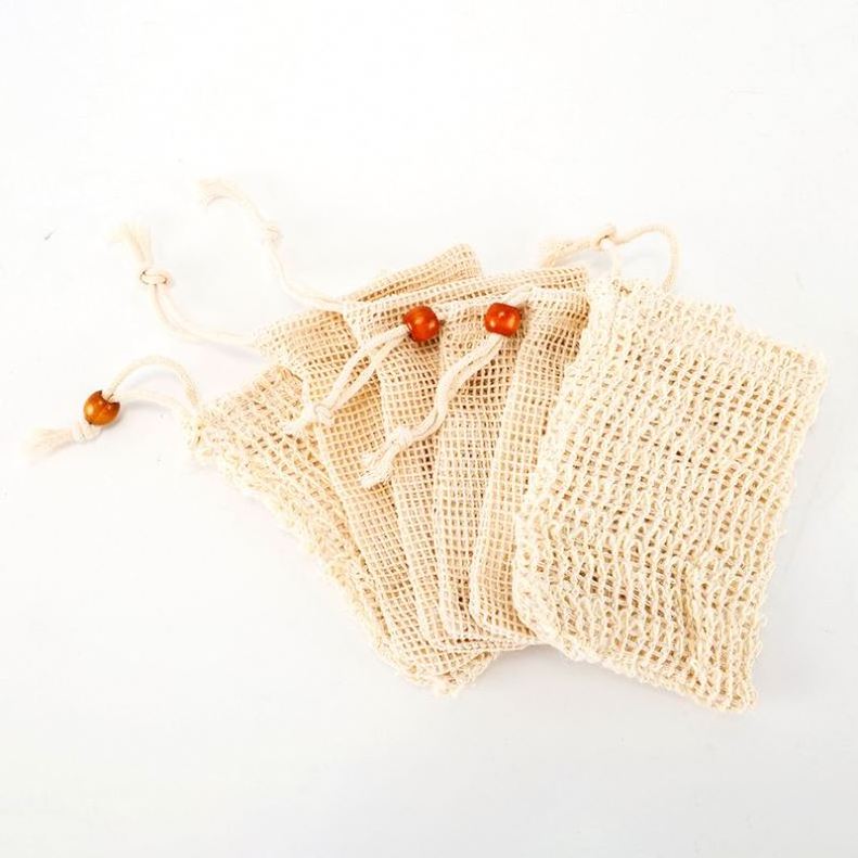 Eco Friendly Natural Exfoliating Bath Soap Mesh Drawstring Pouch Bag Organic Biodegradable Hemp Cotton Soap Bag