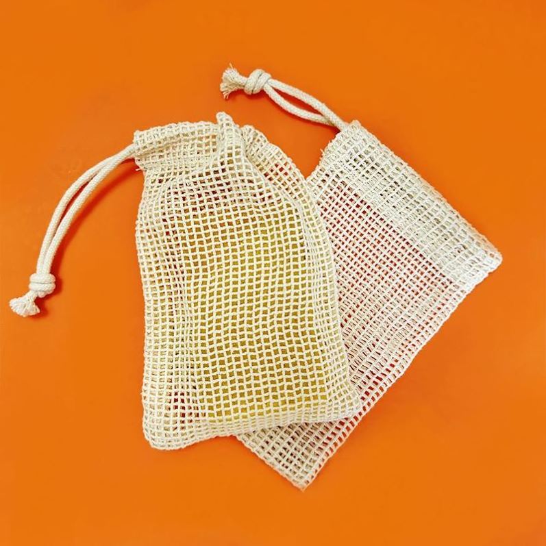 Eco Friendly Natural Exfoliating Bath Soap Mesh Drawstring Pouch Bag Organic Biodegradable Hemp Cotton Soap Bag