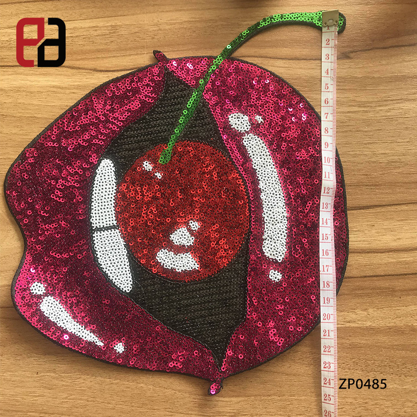 Large Sexy Lips with Cherry Strawberry Sequin Patch Iron on Applique Sew on Food Patch Summer Patch