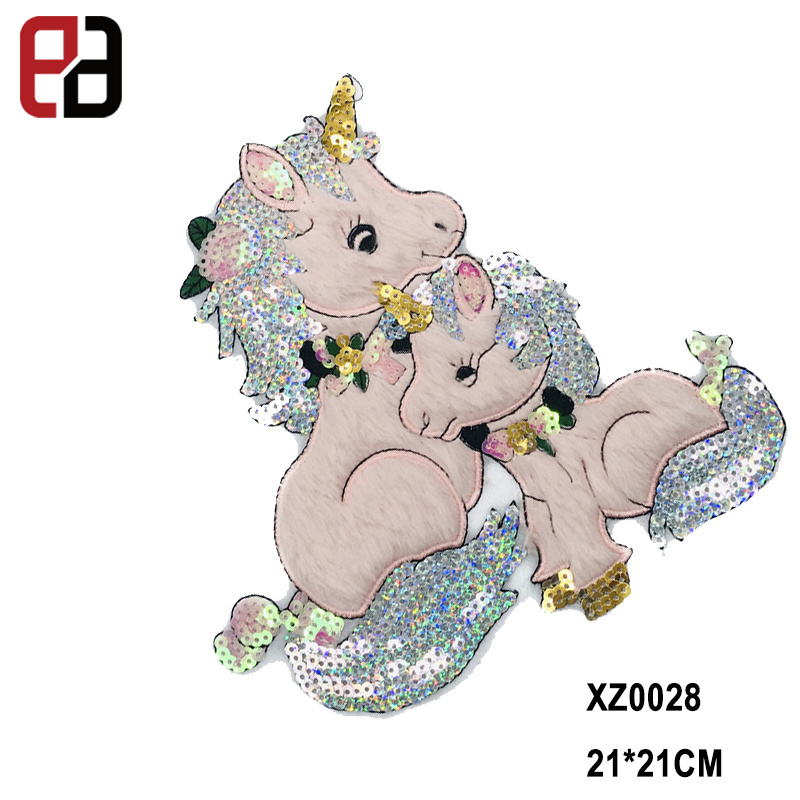 Sequins Plush Style Unicorn Sew-On Patch for Decorating Winter Down Jacket Patch Cute Cartoon Cloth Stickers