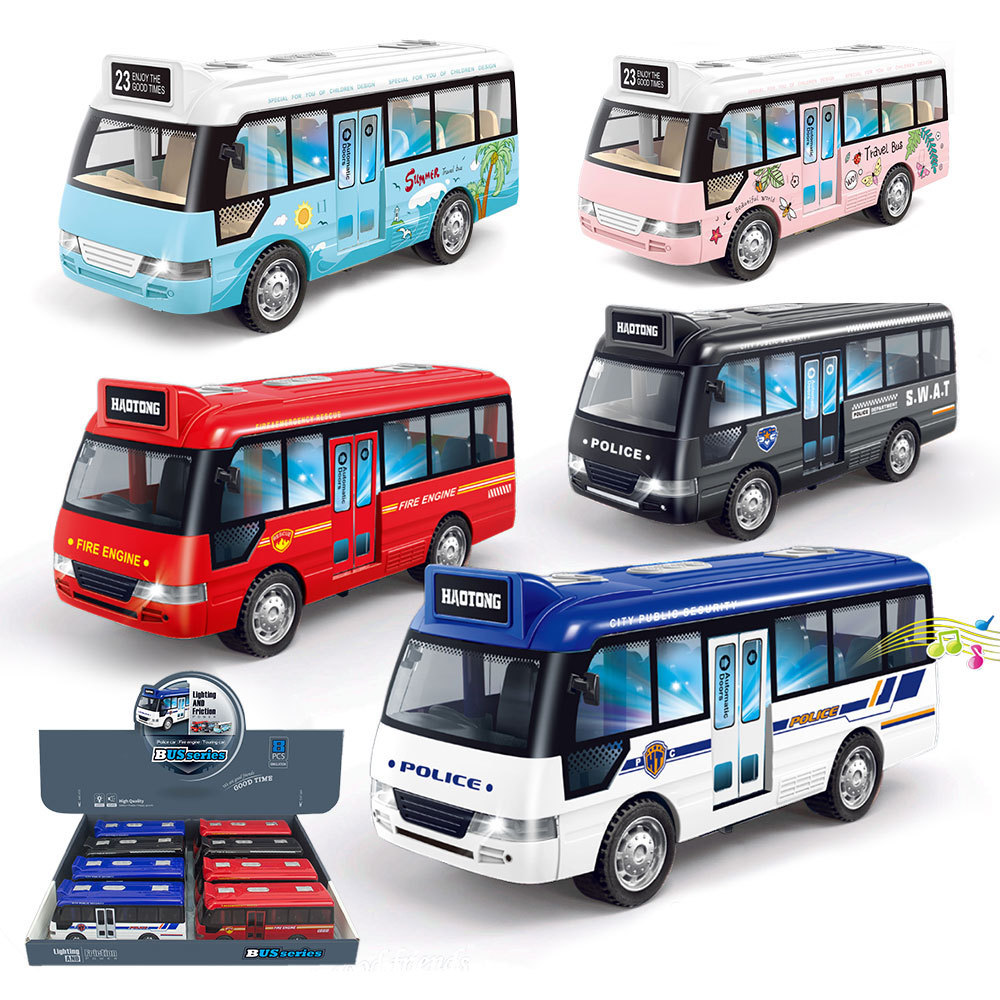 Kids promotional gift vehicle toy plastic friction bus with light