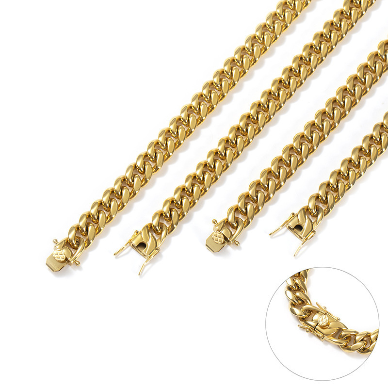 Hot Sale Hip Hop Jewelry Mens Gold Chain 18K Gold Stainless Steel Miami Cuban Link Chain Necklace