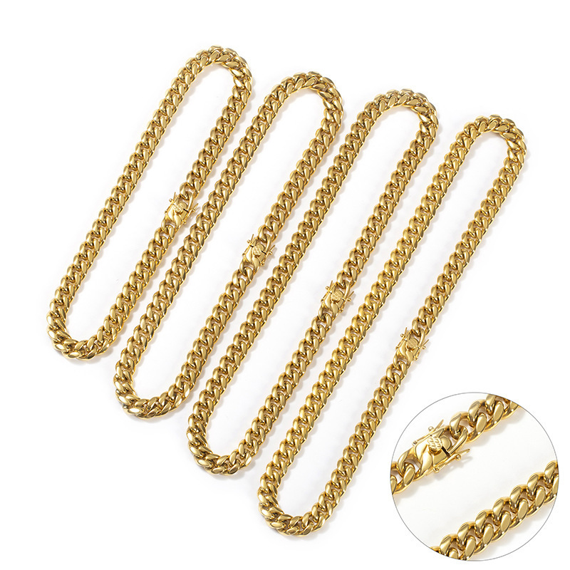 Hot Sale Hip Hop Jewelry Mens Gold Chain 18K Gold Stainless Steel Miami Cuban Link Chain Necklace