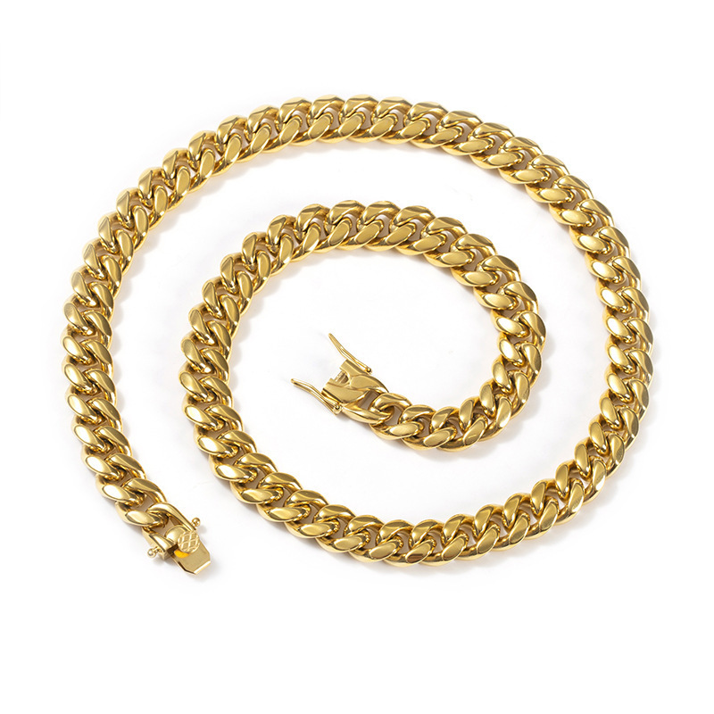 Hot Sale Hip Hop Jewelry Mens Gold Chain 18K Gold Stainless Steel Miami Cuban Link Chain Necklace