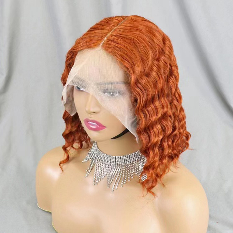 Cheap Wholesale 13x1x4 T Part Lace Glueless Wig Virgin Brazilian Deep Wave Curly Ginger Orange Color 350 Lace Front Bob Wigs