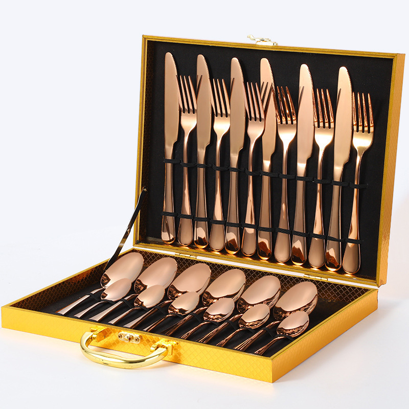 Cutlery Set Knife Fork Spoon Flatware Set Luxury Gold 24pcs Travel Giftbox Dinnerware Sets Stainless Steel Provided for 2 Users