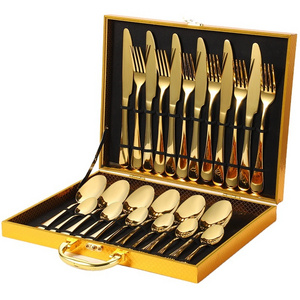 Cutlery Set Knife Fork Spoon Flatware Set Luxury Gold 24pcs Travel Giftbox Dinnerware Sets Stainless Steel Provided for 2 Users