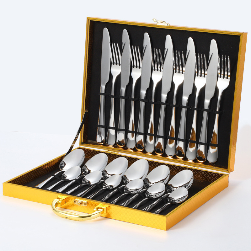 Cutlery Set Knife Fork Spoon Flatware Set Luxury Gold 24pcs Travel Giftbox Dinnerware Sets Stainless Steel Provided for 2 Users