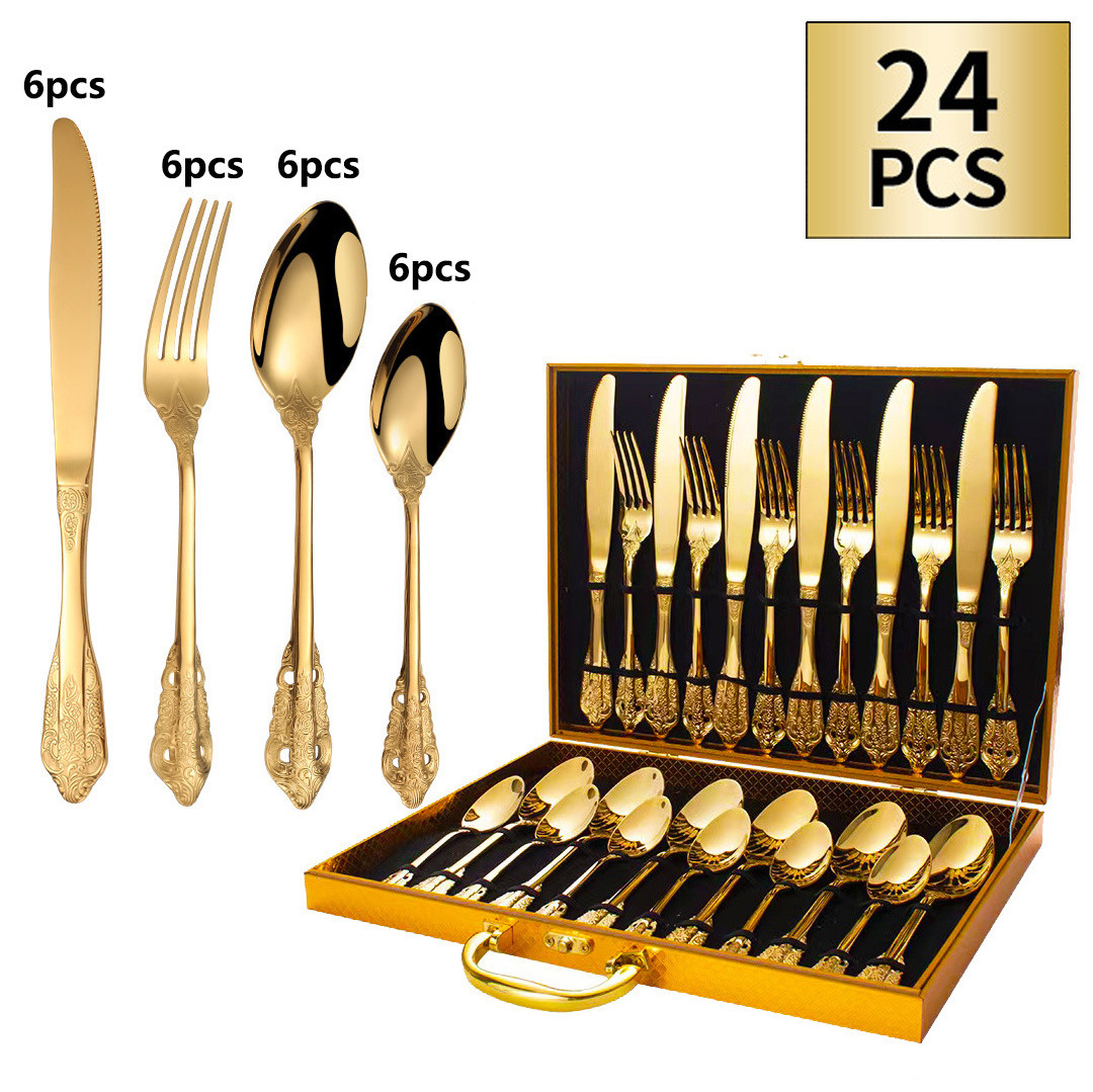 Cutlery Set Knife Fork Spoon Flatware Set Luxury Gold 24pcs Travel Giftbox Dinnerware Sets Stainless Steel Provided for 2 Users