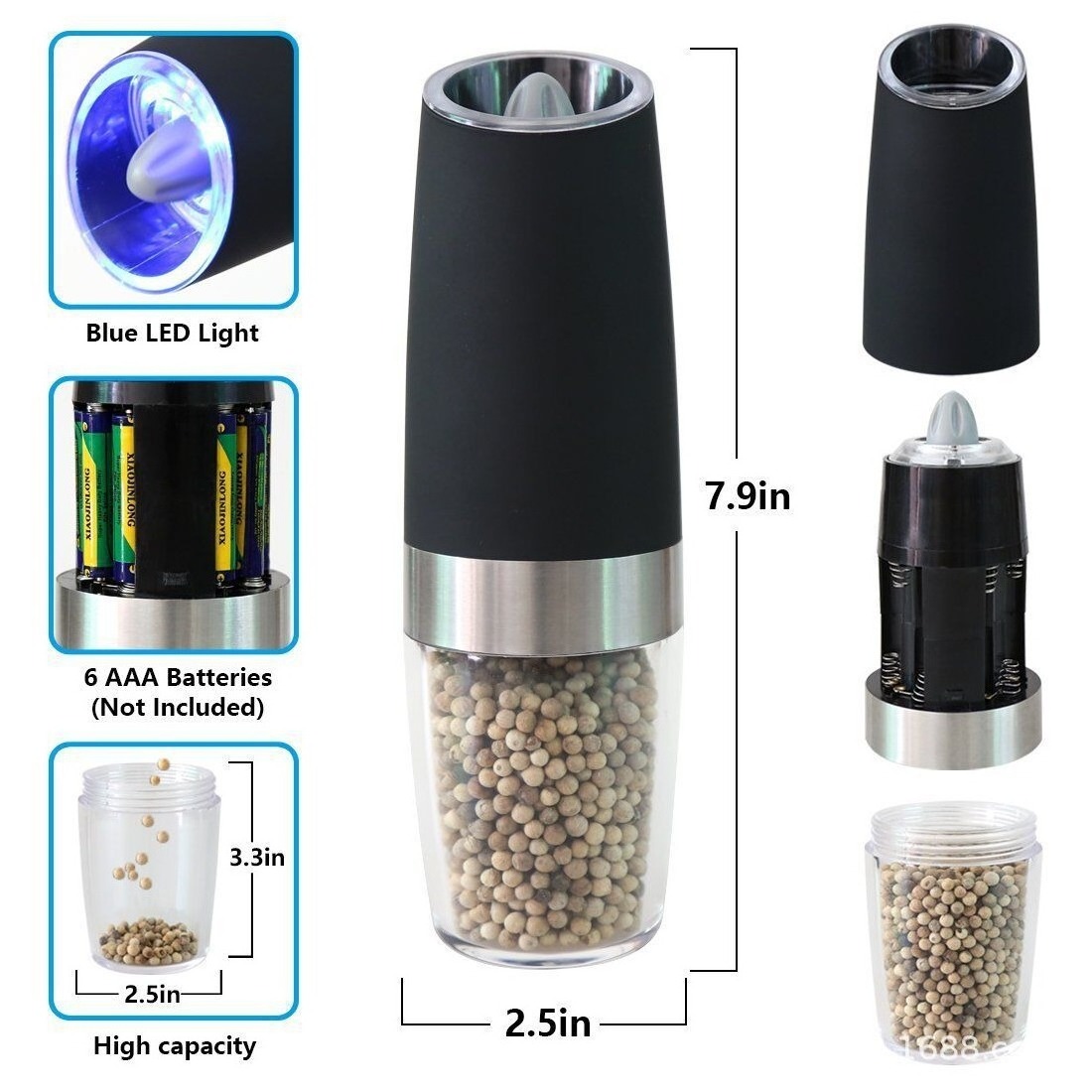 Hot selling Electric gravity and pepper grinder set spice jar rechargeable Black pepper mill grinder with blue light and stand