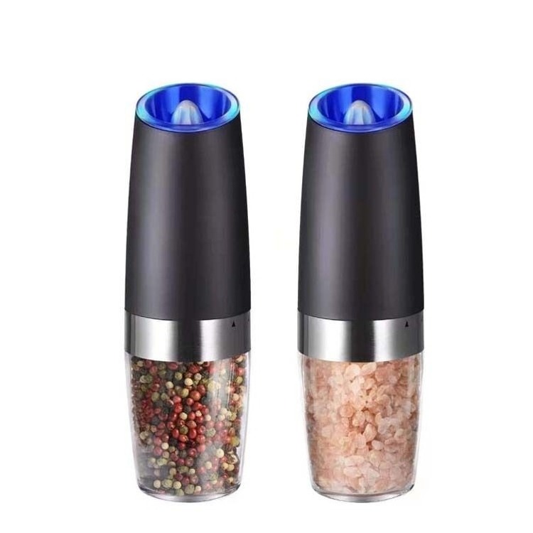 Hot selling Electric gravity and pepper grinder set spice jar rechargeable Black pepper mill grinder with blue light and stand