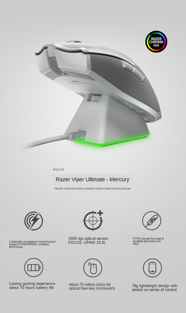 2021 Razer Viper Ultimate Mouse With Dock Mercury Lightweight Wireless Computer Gaming Electronic Sports Mouse Rgb Charging Base