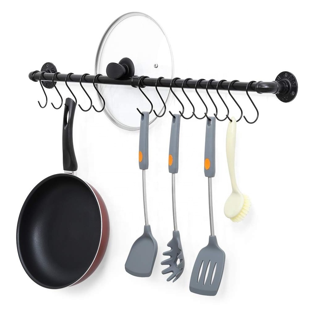 New Product Pot Rack Metal Steel Rail Wall Mounted Pots Pans Lid Hanging Cookware Holder Storage Kitchen Organizer With Hook