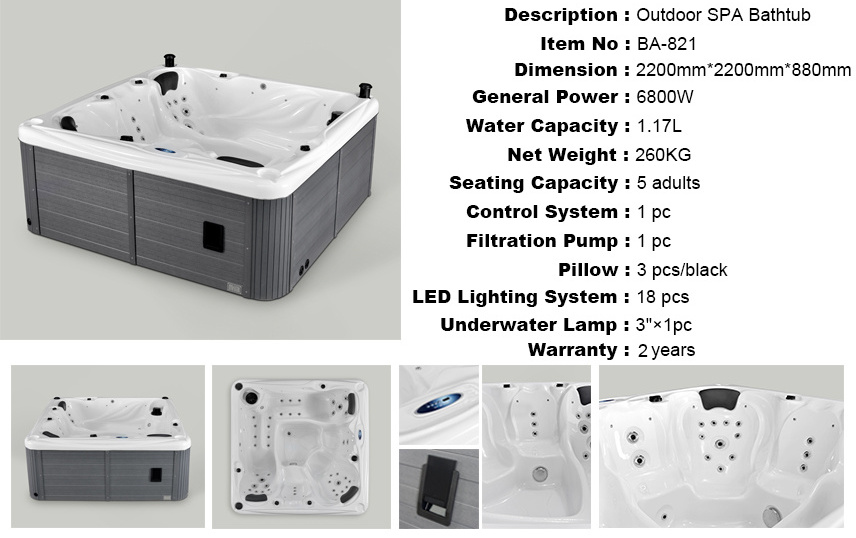 SPA BA-821 hot tubs outdoor used for Massage SPA with blue tooth MP3 5 person outdoor whirlpool jaccuzi swimming pool jaquzzi