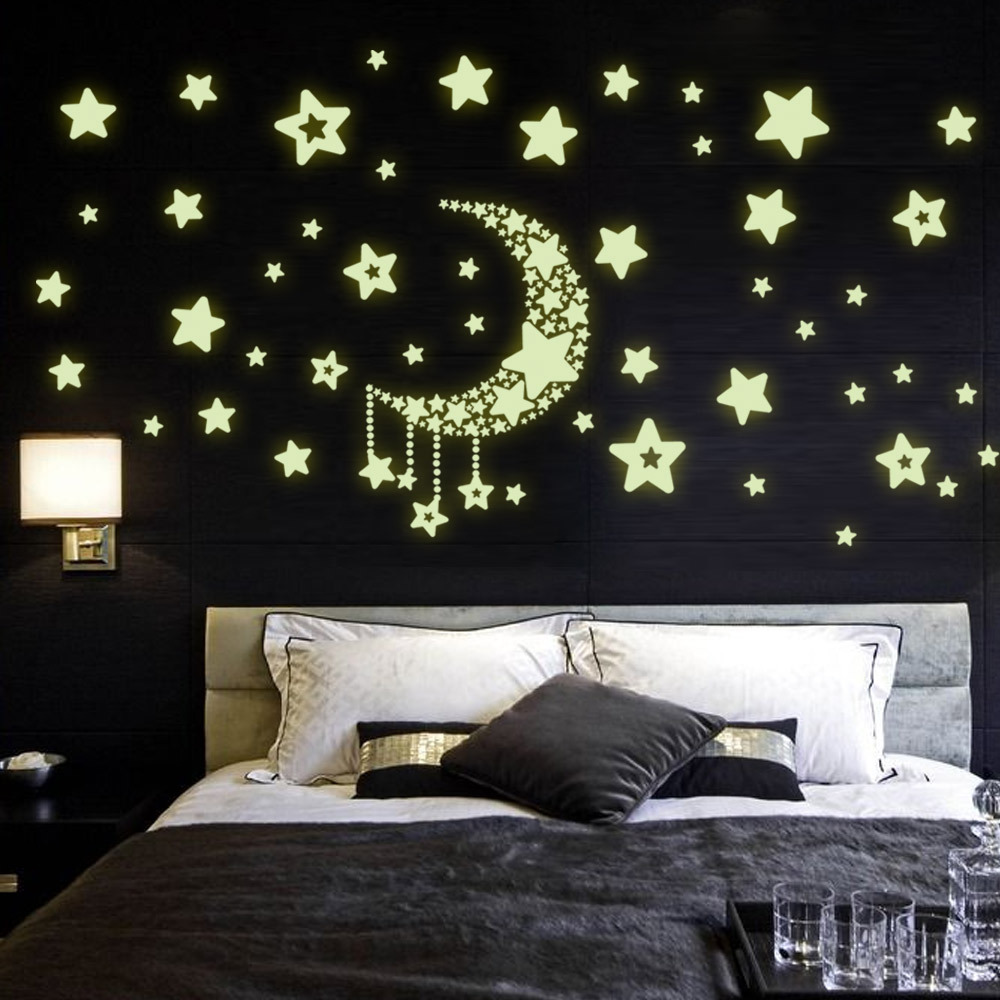 Vinyl Decal Rainbow Wall Sticker Luminous mixed size Glow in the dark Star and moon