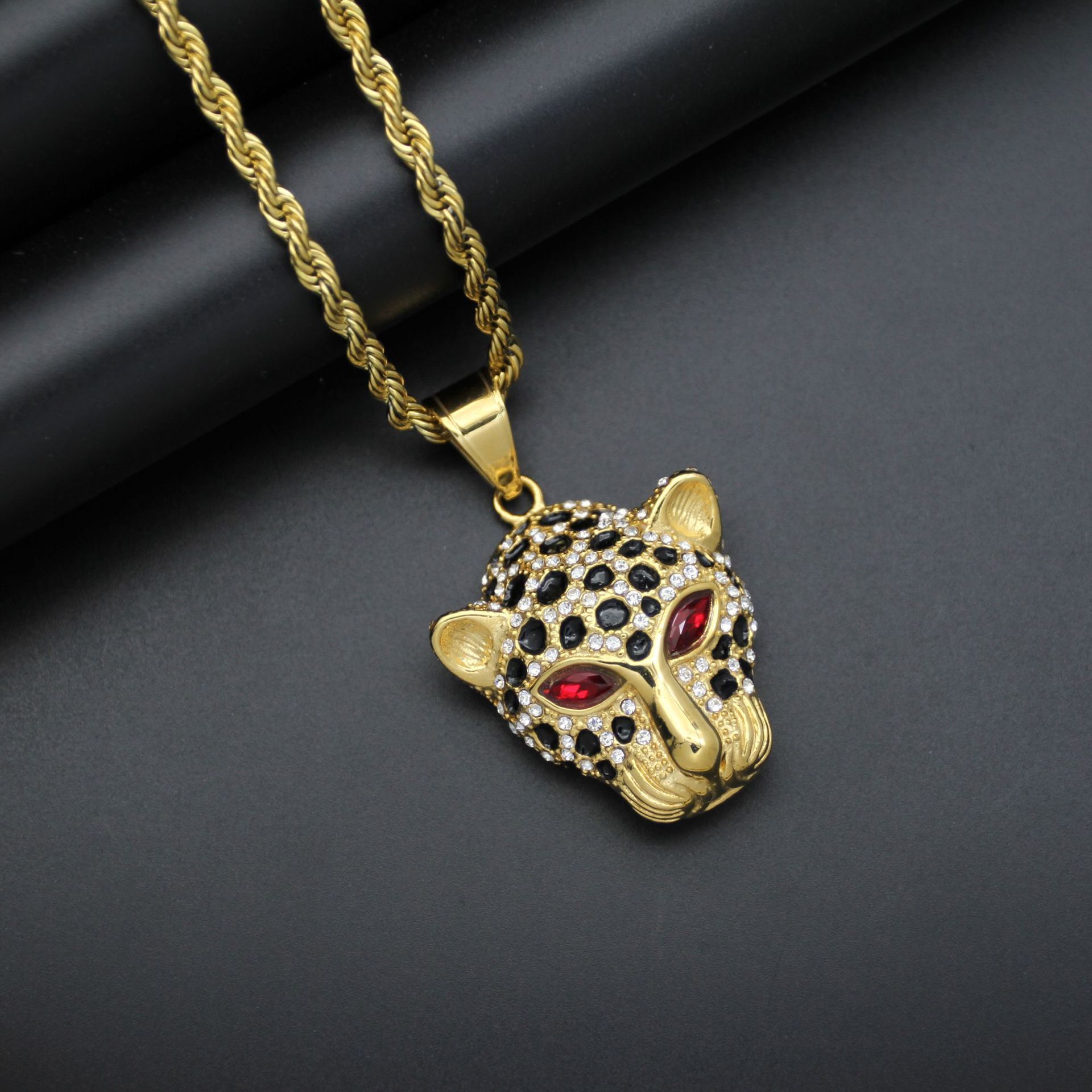 Hiphop 316 stainless steel 18k gold plated Leopard head pendant necklace for men