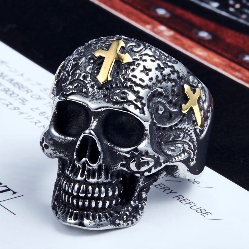 Steam punk style skull head ring with gold cross