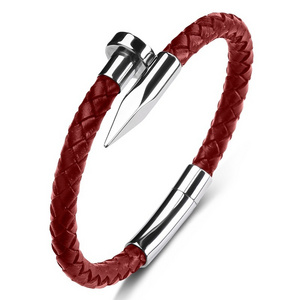 Punk jewelry stainless steel nail red genuine leather bracelet man