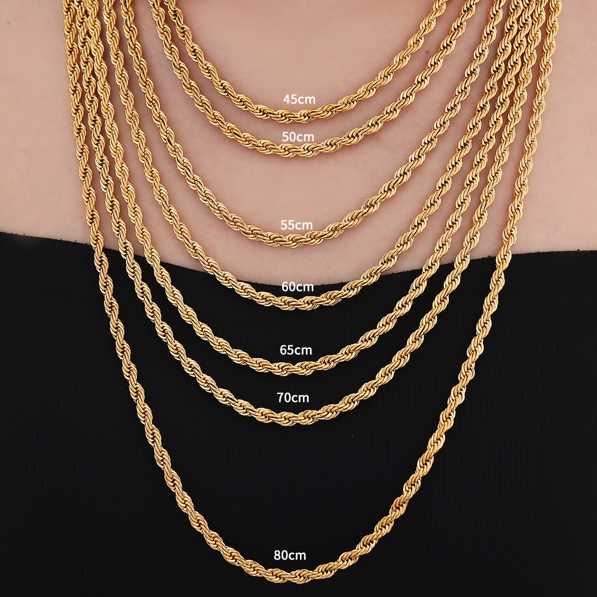 Factory wholesale pvd plating gold rope link chain stainless steel 2mm-5mm rope chain necklace