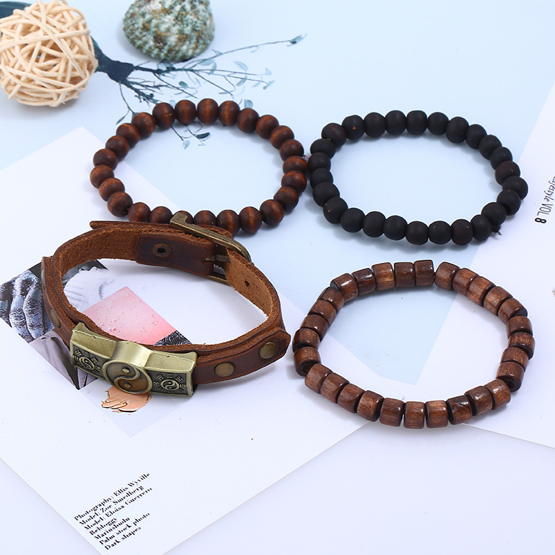 Bali leather bracelet wooden beads bracelet for unisex