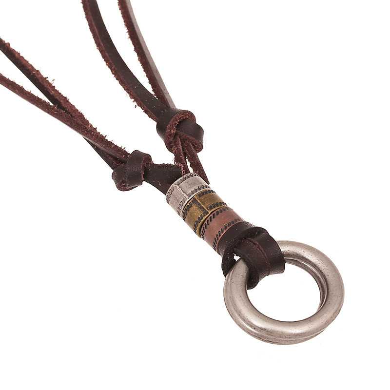 Male female unisex leather necklace trendy two circle pendant necklace