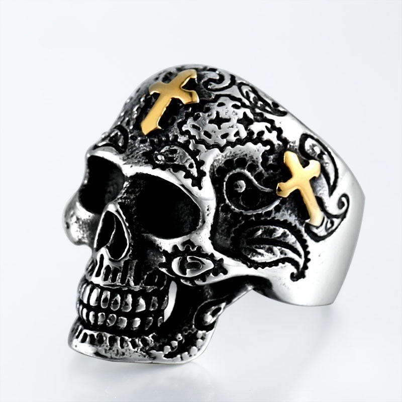 Steam punk style skull head ring with gold cross